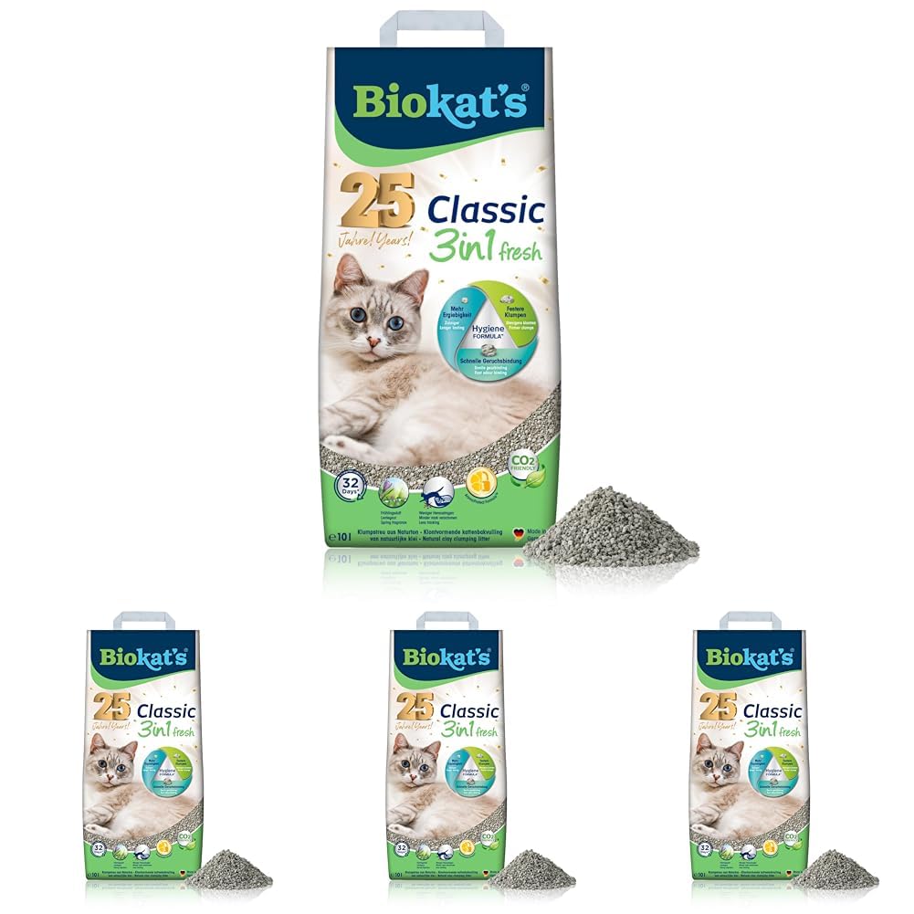 Biokat's Classic Fresh 3in1 mit Frühlings-Duft - Klumpende Katzenstreu mit 3 unterschiedlichen Korngrößen - 1 Sack (1 x 10 L) (Packung mit 4)