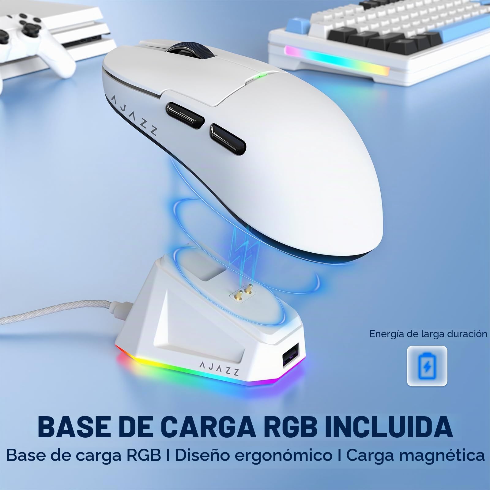 MAGIC-REFINER X AJAZZ Ratón Inalámbrico para Juegos AJ159P Superlight con Base De Carga Magnética RGB, 2.4G/USB-C, Sensor PAW3395, 26000DPI, 6 Botones Programables, Batería De 200 Horas para PC/Mac