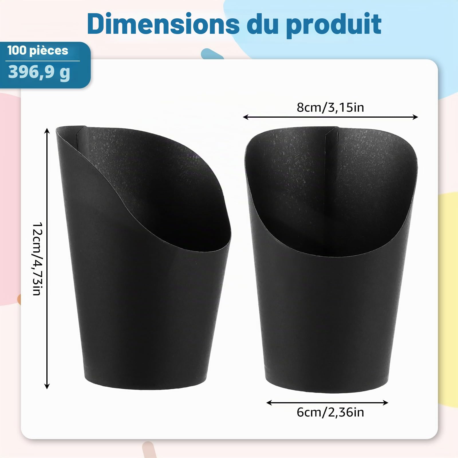 100 Barquettes Frites en Papier Kraft, 14oz Cornet Frite Noir pour Bubble Waffle et Cornet de Glace, Poches à Frites Épaisses Résistantes à l'Huile, 100 Pièces