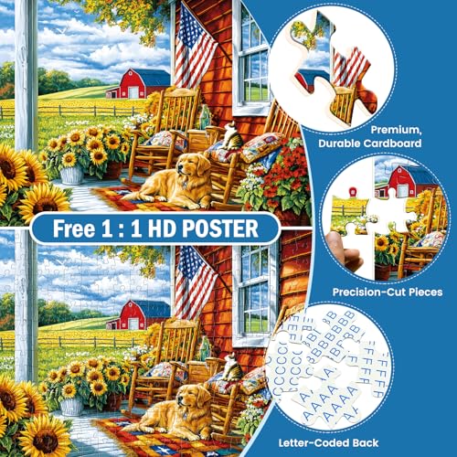 Rompecabezas jigsaw de 300 piezas para adultos y niños, tema vida rural con perro, gato y girasoles, tamaño 20,5 x 15 pulgadas, caja de regalo exquisita miniatura 4