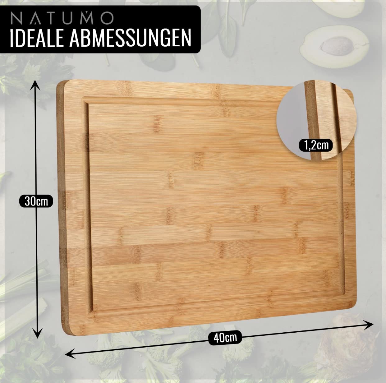 NATUMO Bamboo Chopping Board with Juice Groove 40 x 30 x 1 cm Wooden Board for Kitchen Board and Serving Board Solid Wood, XXL - Image 2