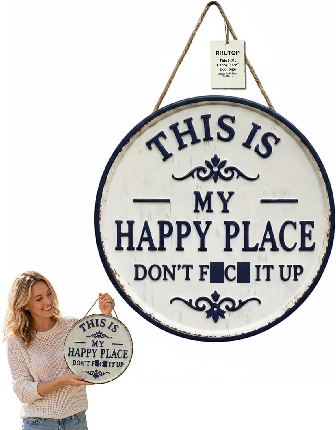 30cm Happy Place – Vintage Statement Metal Sign, “This Is My Happy Place” Round Garden Wall Art Decor, Retro Farmhouse Rustic Hanging Decor for Indoor & Outdoor Use, for Porch, Garden, Living Room