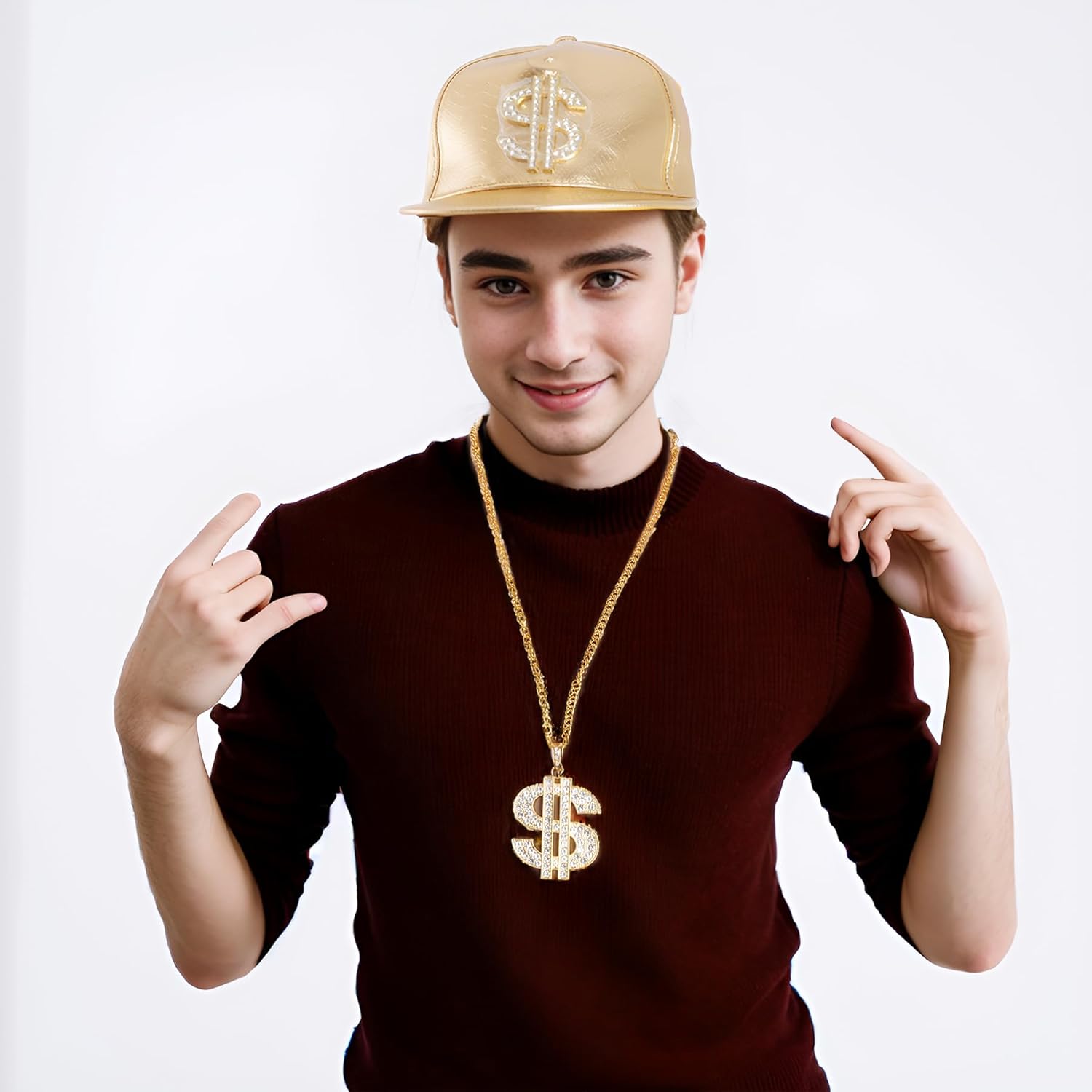 Hip Hop Costume Hat Kit 80s 90s Gold Hat with Dollar Sign Necklace Rapper Costume for Men and Women - Image 5