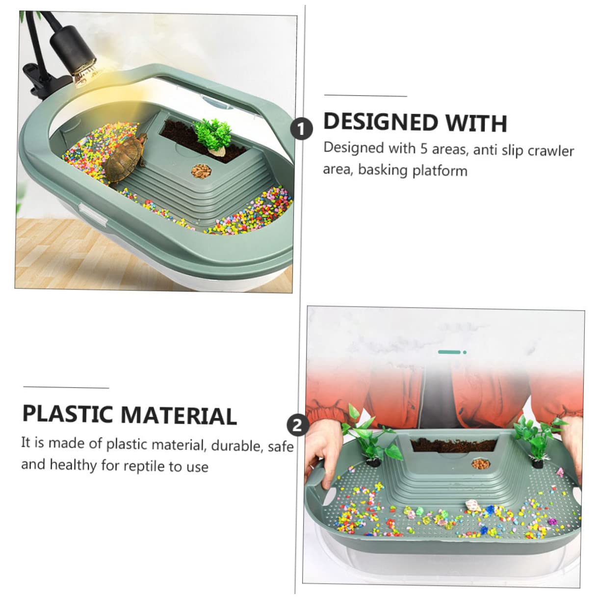 Terrario per Tartarughe in Plastico Verde, con 5 Aree, Piattaforma per Sole e Zona Nuoto, Habitat per Rettili in Casa | Cinque Aree Funzionali, Zona Nuoto e Alimentazione, Struttura con Area Rampicante Antiscivolo