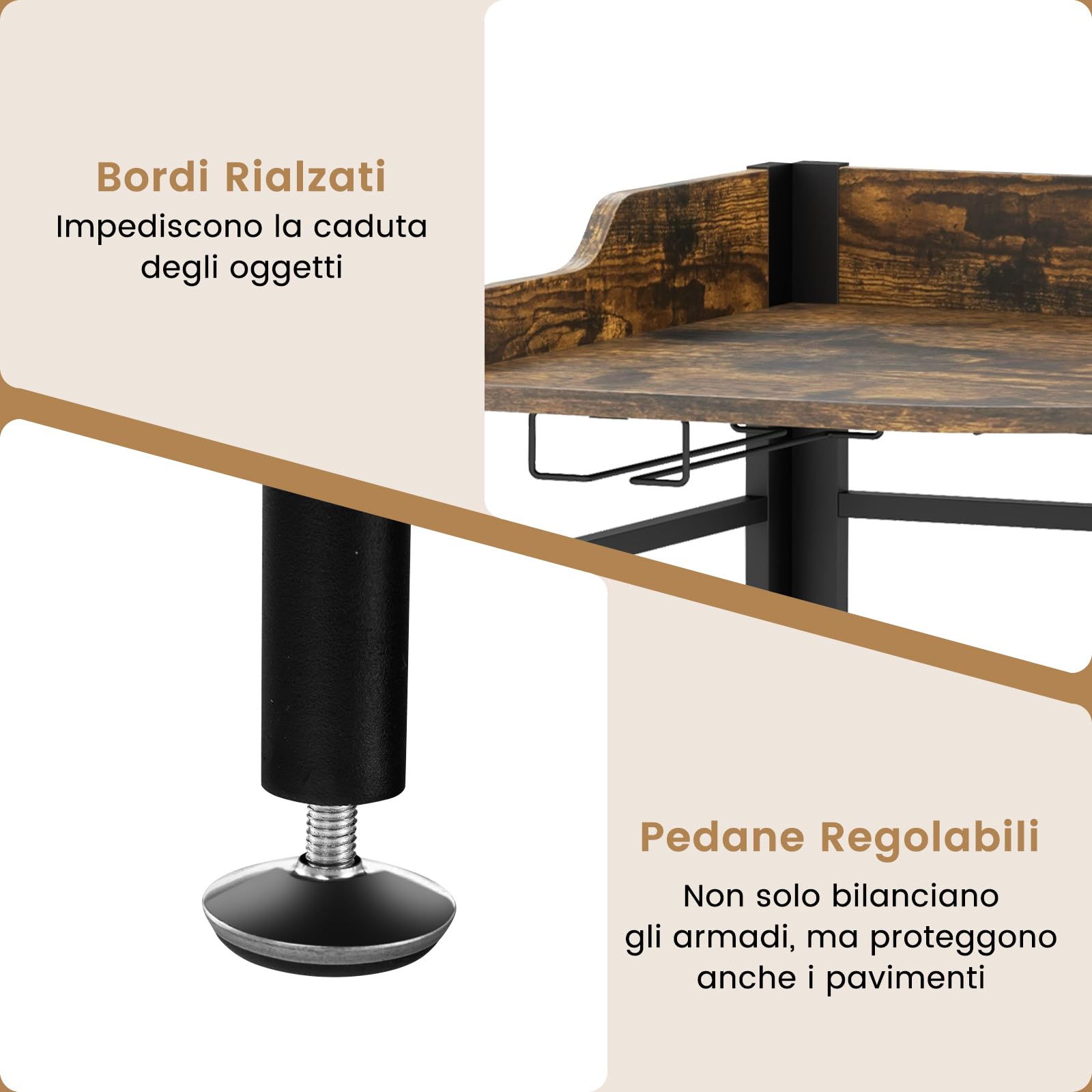 GYMAX Armadietto per Vini ad Angolo in Stile Industriale con Ripiano Regolabile e Porta a Rete, Armadietto con Porta Bicchiere da Vino, Armadietto su Gambe per Bar, Cucina, Soggiorno (Marrone)