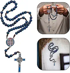 Terço Madeira Azul Cordão Marrom 10MM Sao Bento Cruz Metal Res Color