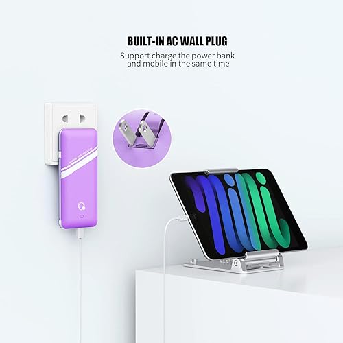 Miniatura 3 de Cargador portátil Q Slim de 10000 mAh, batería externa de 4 salidas con enchufe de pared de CA integrado, micro USB C, tres cables compatibles con