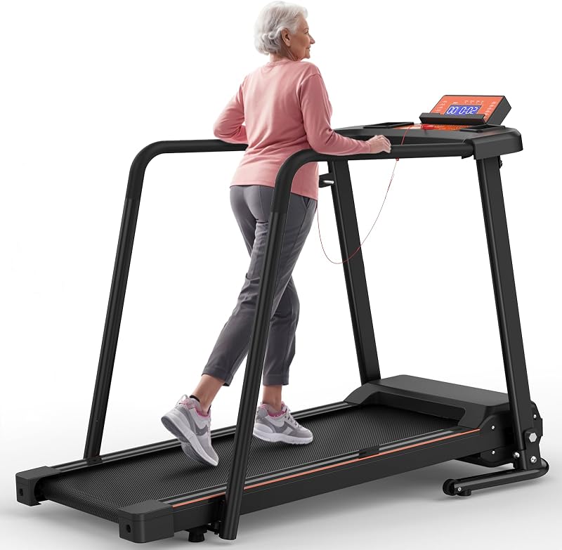 Walking Treadmill for Senior with Long Handrail Foldable Recovery Fitness Exercise Machine with Cup Holder LCD Display 300 lbs Weight Capacity for Home