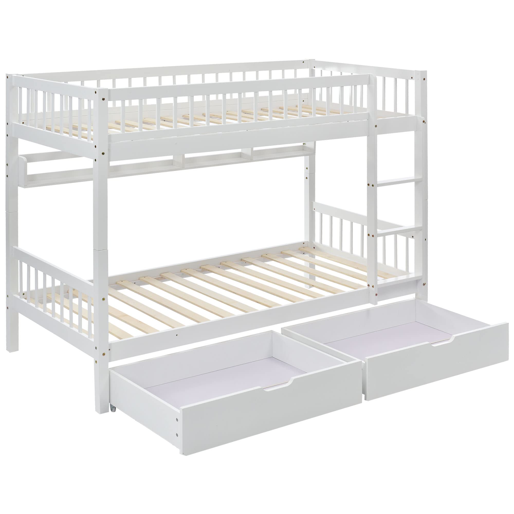 Lettino per bambini a castello 90x200 cm per 2 bambini, letto a soppalco con 2 cassetti e ripiani, struttura in legno con protezione anti-caduta e rete a doghe, 2 letti singoli, telaio in legno