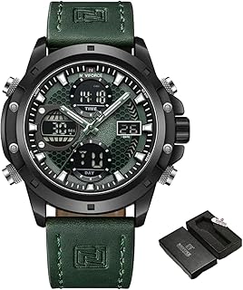 نافي فورس ساعة رياضية عصرية للرجال 9225 بسوار من الجلد الطبيعي بشاشة عرض مزدوجة يد كرونوغراف مقاومة للماء ومنبه ريلوج هومبر اخضر