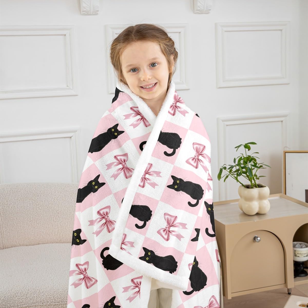 Erosebridal Pink Halloween Sherpa Blanket Cute Bow Cat Pattern Fuzzy Plush Throw Cartoon Checkered Halloween Fleece Blanket for Kids Boys Girls,Bowknot Animal Print Decor for Bed Couch Baby 30"x40"