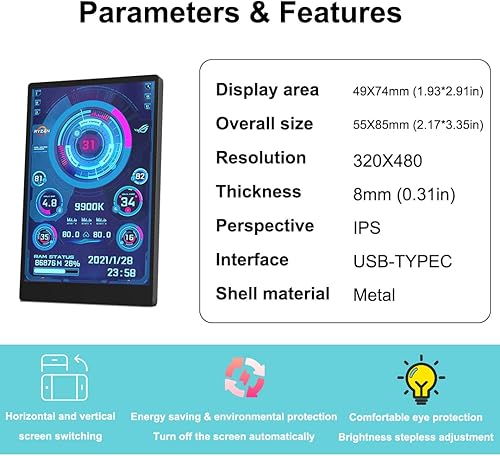 Miniatura 5 de WOWNOVA Pantalla de temperatura de PC, monitor de temperatura de computadora, estuche ARGB, mini pantalla USB IPS, monitor de datos HDD CPU RAM