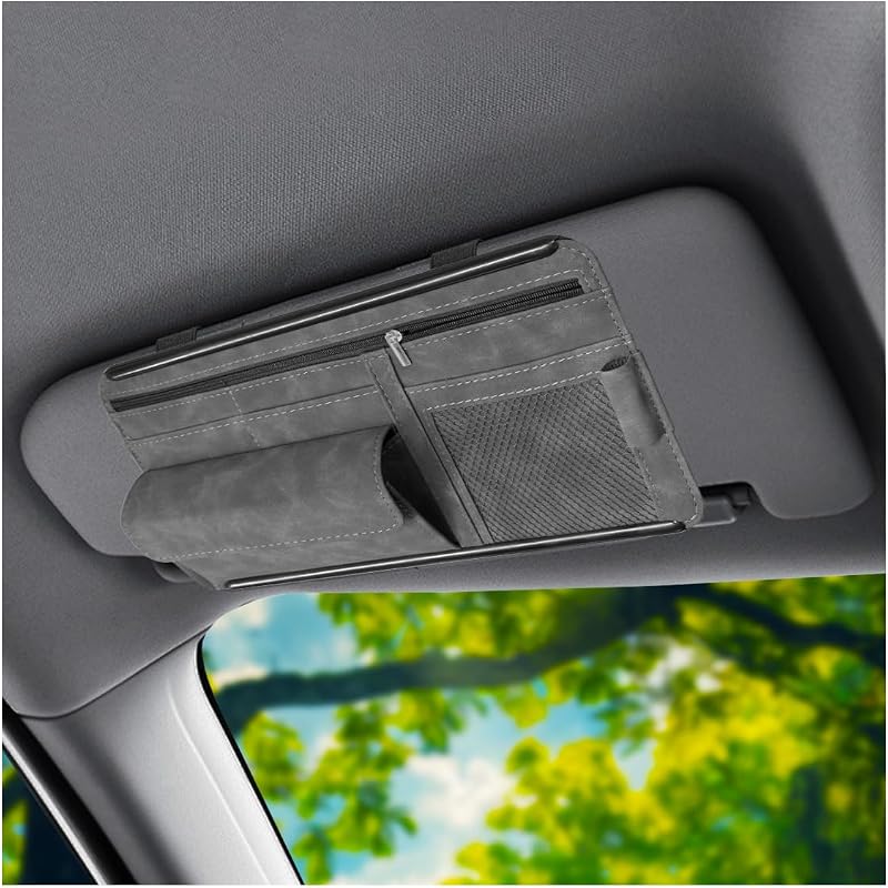 Organizador para Para-Sol de Carro GAOLAOSY em Couro com Bolsos, Zíper e Porta-Cartões Cinza