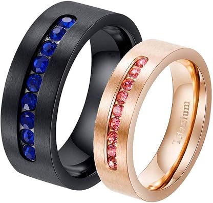 Two Rings Couple Rings Black Rose Gold Plated Titanium Steel Blue Cz Mens Wedding Band Pink Cz Womens Wedding Ring