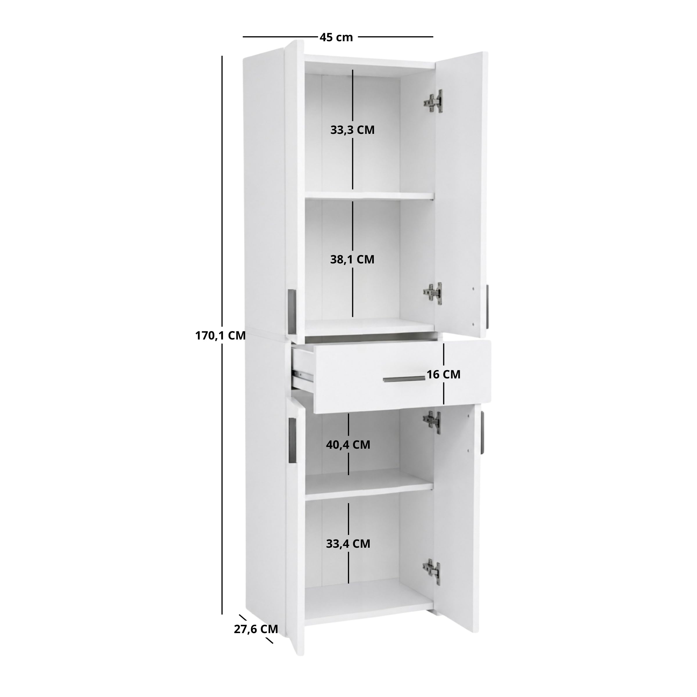 Columna de Baño con Cajón y 4 Puertas, Blanco | Mueble de Baño Estrecho, Armario de Almacenamiento, Mueble Una estantería Ideal también para el salón y la Cocina