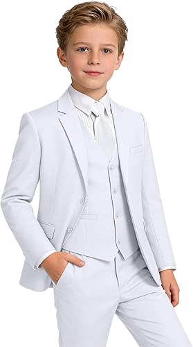 TAMIFLY Boys Suits White 5 Pieces Suit with Jacket Pants Vest Dress Shirt and Ti