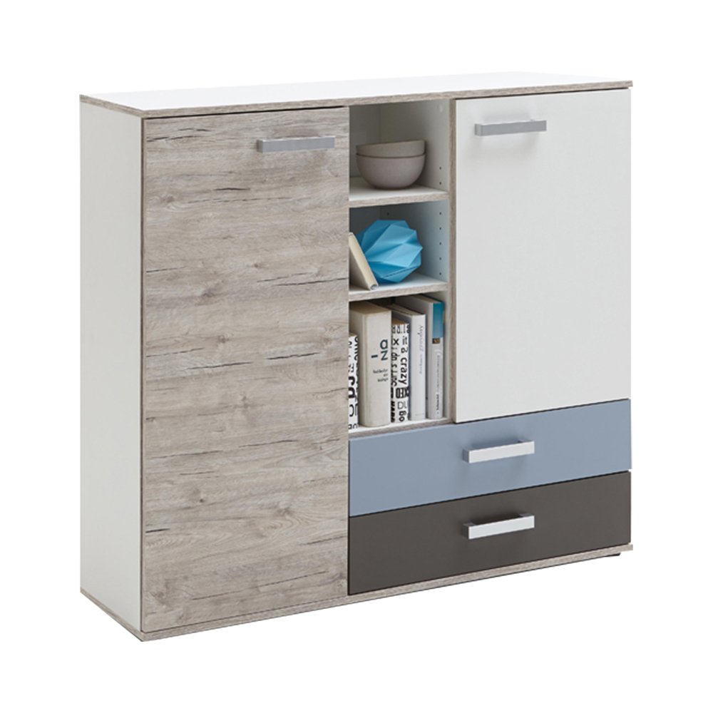 Lomadox Jugendzimmer Komplett Set Sandeiche weiß Lava blau 140x200 cm Kojenbett Kleiderschrank