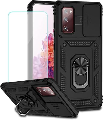 Case for Galaxy S20 FE 5G Case,Samsung S20 FE SM-G781U Case with Tempered Glass Screen Protector and Slide Camera Cover, 360 Rotate Ring Stand Magnetic Cover for Samsung Galaxy S20 FE 5G Black
