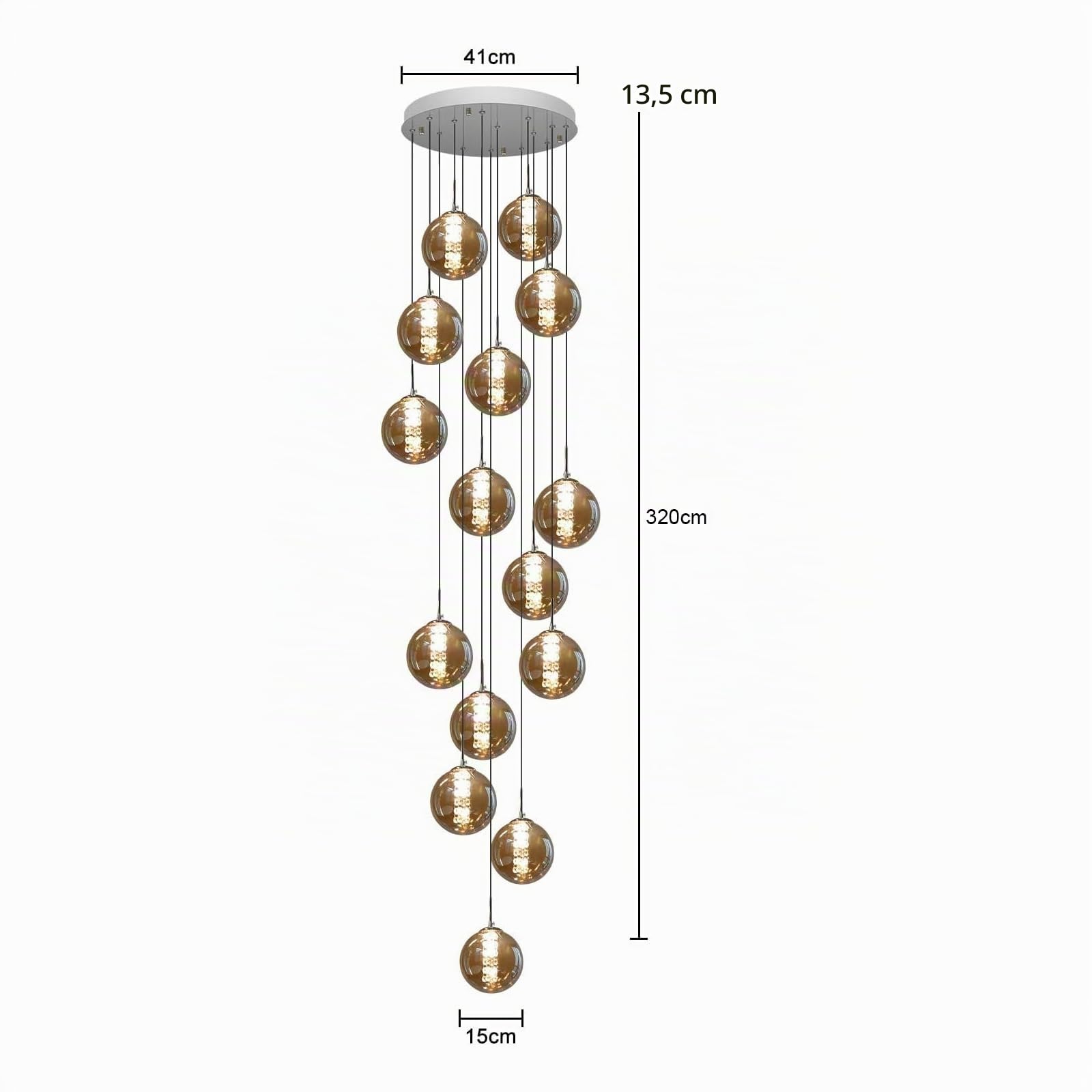 CBJKTX Lámpara de araña escaleras o sala de estar: moderna lámpara de | araña de cristal con 15 bombillas, altura regulable, ideal para salas de estar, villas, comedores, pasillos o cocinas (ámbar)