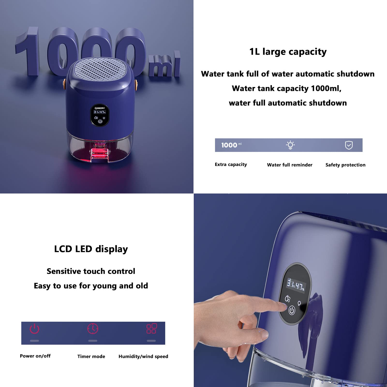 1000 Ml Domowy Osuszacz, Przenośny Mały Osuszacz, Ekran Dotykowy Lde Cichy Osuszacz Domowy, Do Sypialni, łazienki, Piwnicy,D