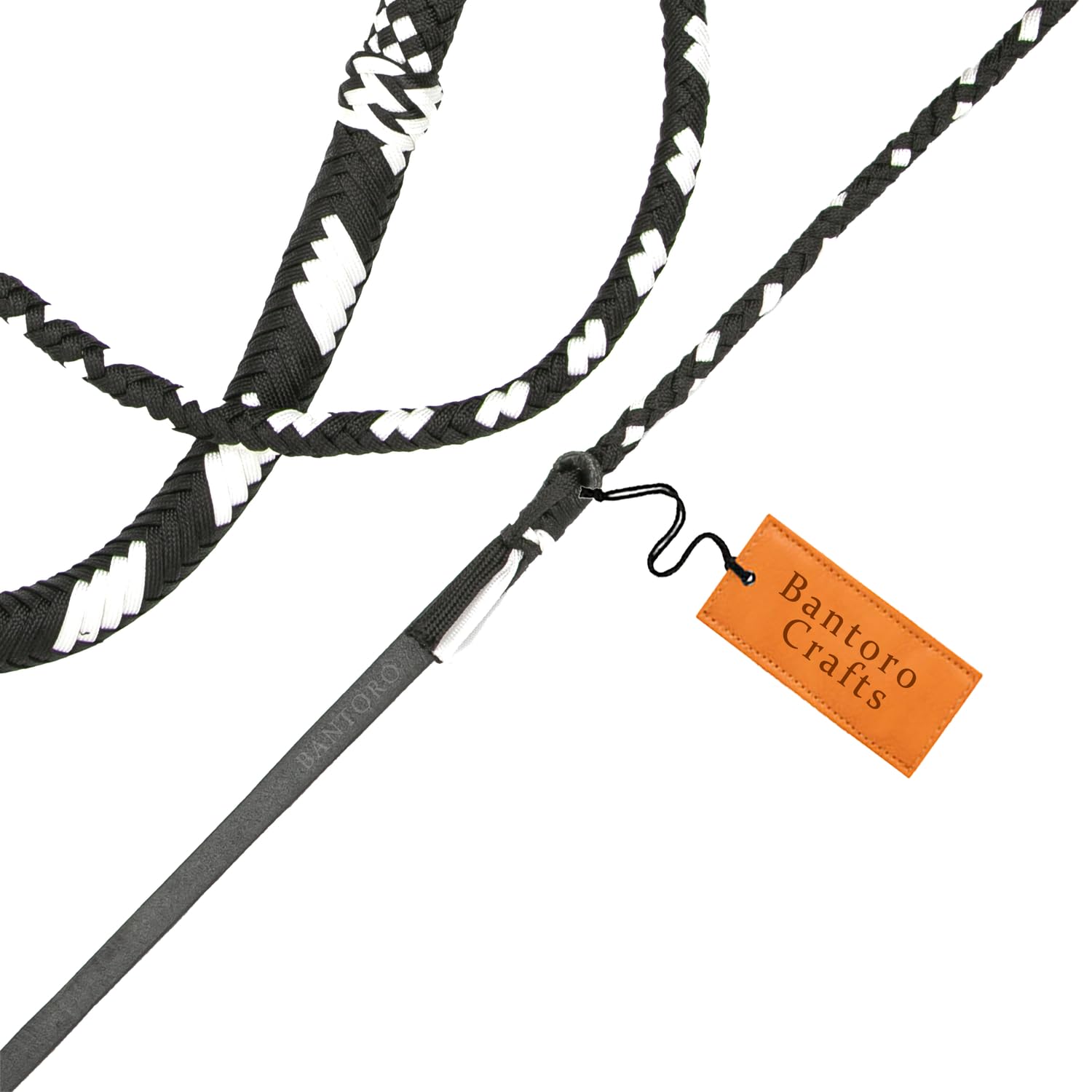 Schwarz und Weiß Paracord-/Nylon-Peitsche, Bullenpeitsche, 16 Zöpfe, geflochtener Lederbauch und Lederpolster im Inneren, Laute knackende Peitsche