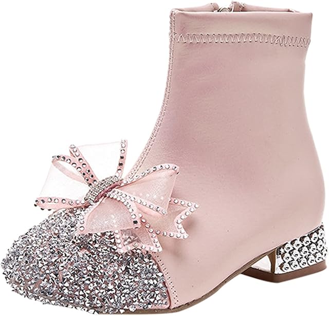 Dantazz Leather Shoes For Girls Glitter Ankle Boots Kids Low Heel Dress Booties Fashion Side Zipper Short Boots Bow Shoes Girl Slippers Size 2 Youth (Pink, 4-4.5 Years)