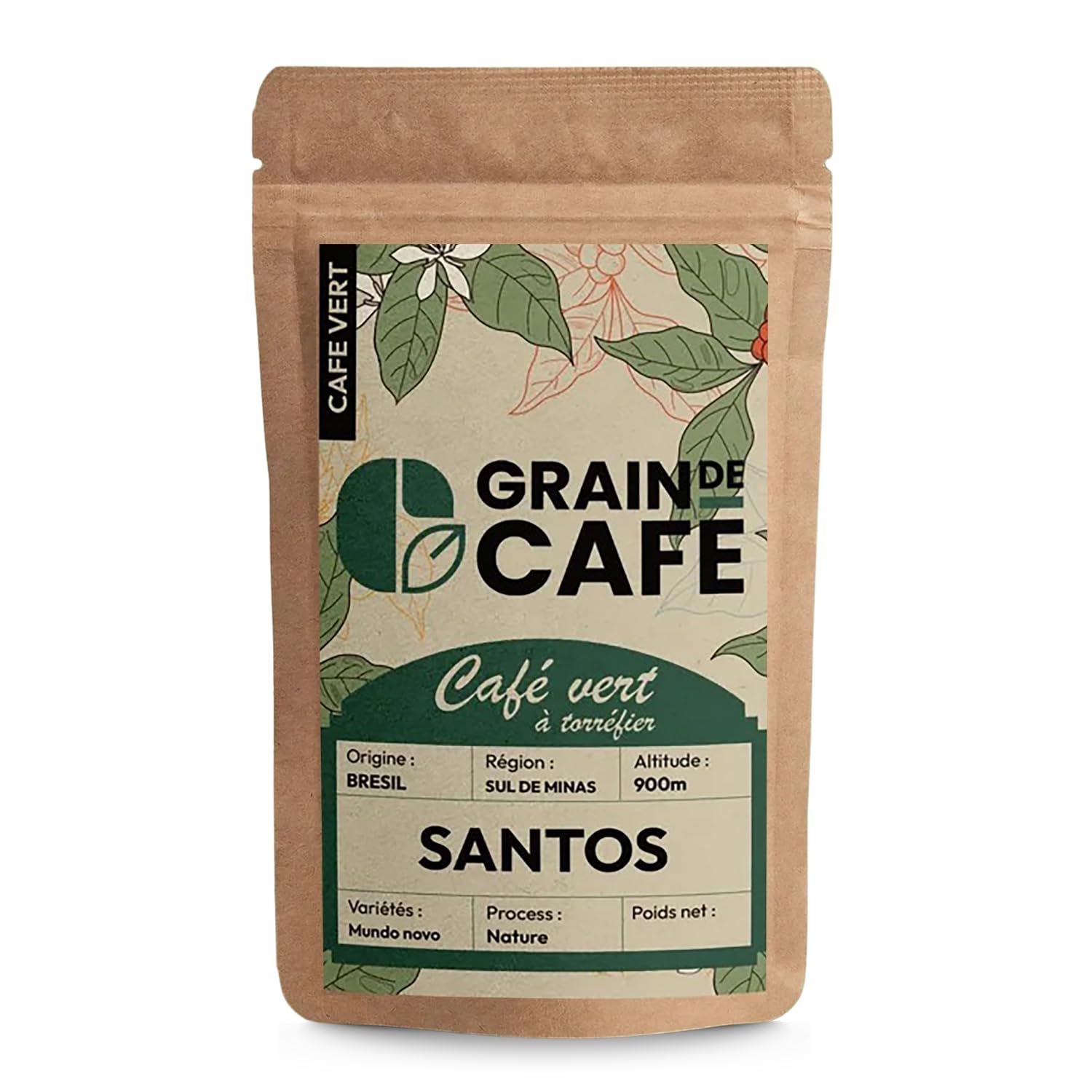 Graindecafé – Café Vert Brésil Santos 1kg | 100% Arabica Non Torréfié À Torréfier Soi-Même | Cru Du Sul De Minas | Doux Et Praliné | Café En Grain Idéal Machine À Grain Une Fois Torréfié