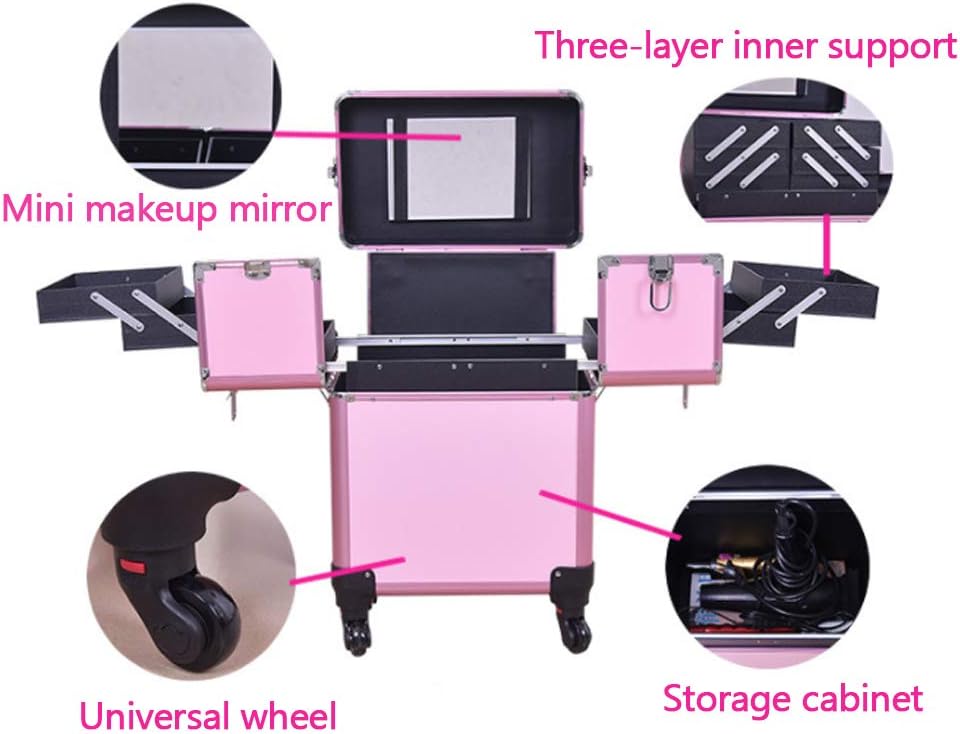 Cosmetic Case Large with Caster Double Open with Mirror Vanity case Nail Beauty Multi-Layer Storage Box (Black)