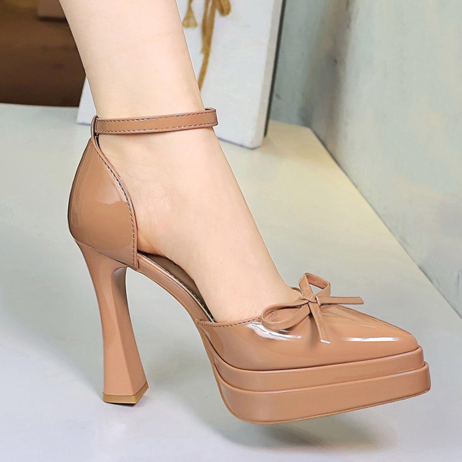 Scarpe Donna con Tacco Alto Piccolo Fiocco Pelle Laccata 11.5CM Piattaforma | Cinturino alla caviglia,Eleganti per Matrimoni, Galà, Appuntamenti e Feste