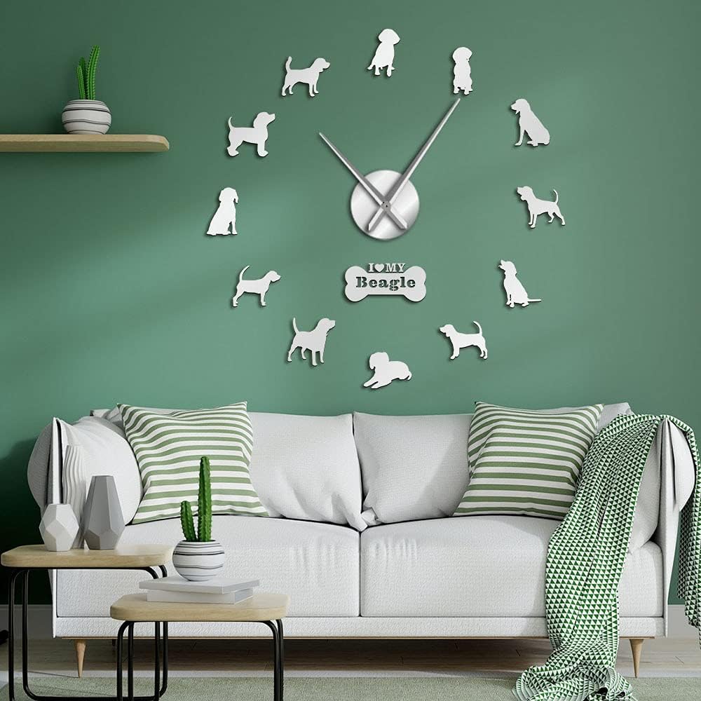 Rgzqrq Hound Little Beagle DIY Reloj de Pared Grande Art Deco montado en la Pared Beagle Pet Dog Decoración del hogar Reloj de Pared Moderno 37 Pulgadas