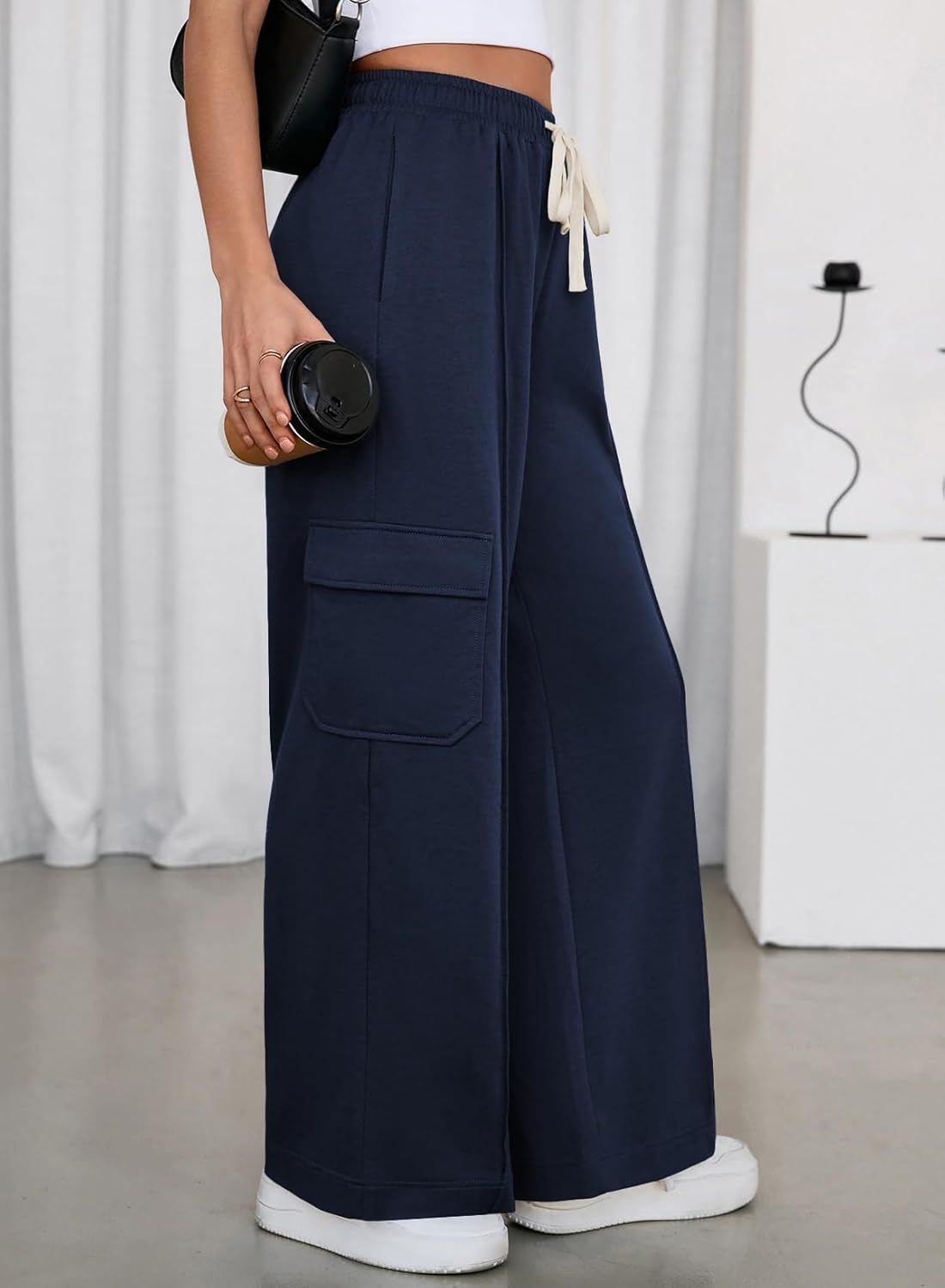 Aleumdr Women's Wide Leg Cargo Sweatpants Casual Loose Pants Drawstring High Waisted Baggy Lounge Pants with Pockets - Image 2