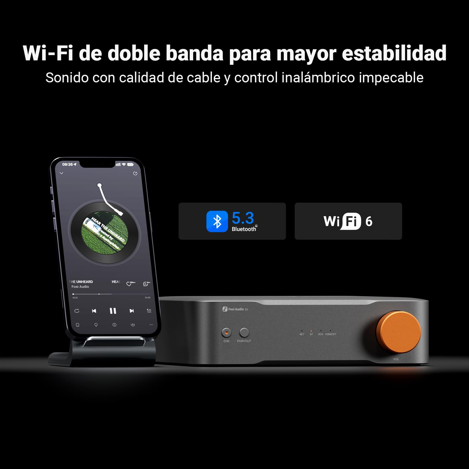 Fosi Audio S3 HiFi Music Streamer DAC Preamplificador, DAC Wi-Fi 6 Bluetooth 5.3,Transporte Digital Con Salida XLR Balanceada/Óptica/Sub/HDMI eARC,AirPlay 2 Spotify Connect Tidal, Ecualizador 5 Bandas