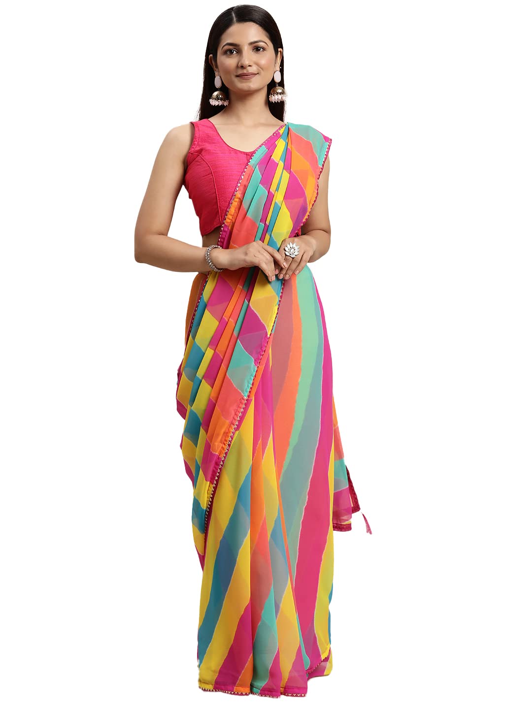 sari RANI SAAHIBA Women's Synthetic Georgette Multicolor Leheriya