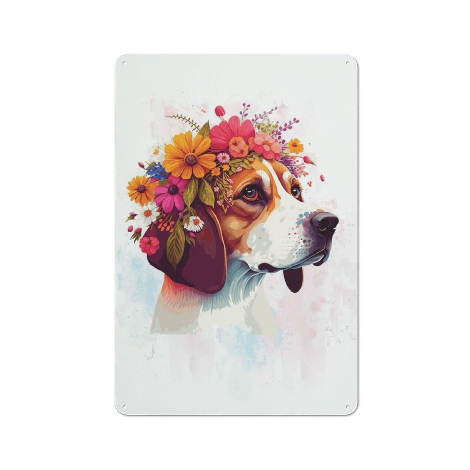 Junmoney Style-4 Rustic Cute Flower Beagle Dog Art Tin Wall Sign 30X20cm, Kitchen Wall Decor For Bakery, Diner, Cafe Or Family Room