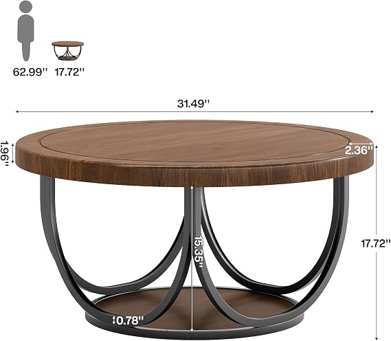 Tribesigns Round Coffee Table with 2 Tiers, 80CM Wooden Circle Accent Cocktail Table with Storage Shelf and Metal Frame, Industrial Center Tables for Living Room, Brown & Black