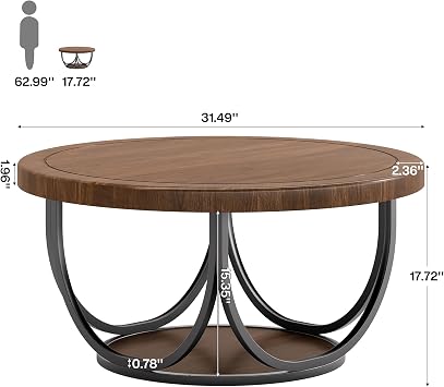 Tribesigns Round Coffee Table with 2 Tiers, 80CM Wooden Circle Accent Cocktail Table with Storage Shelf and Metal Frame, Industrial Center Tables for Living Room, Brown & Black