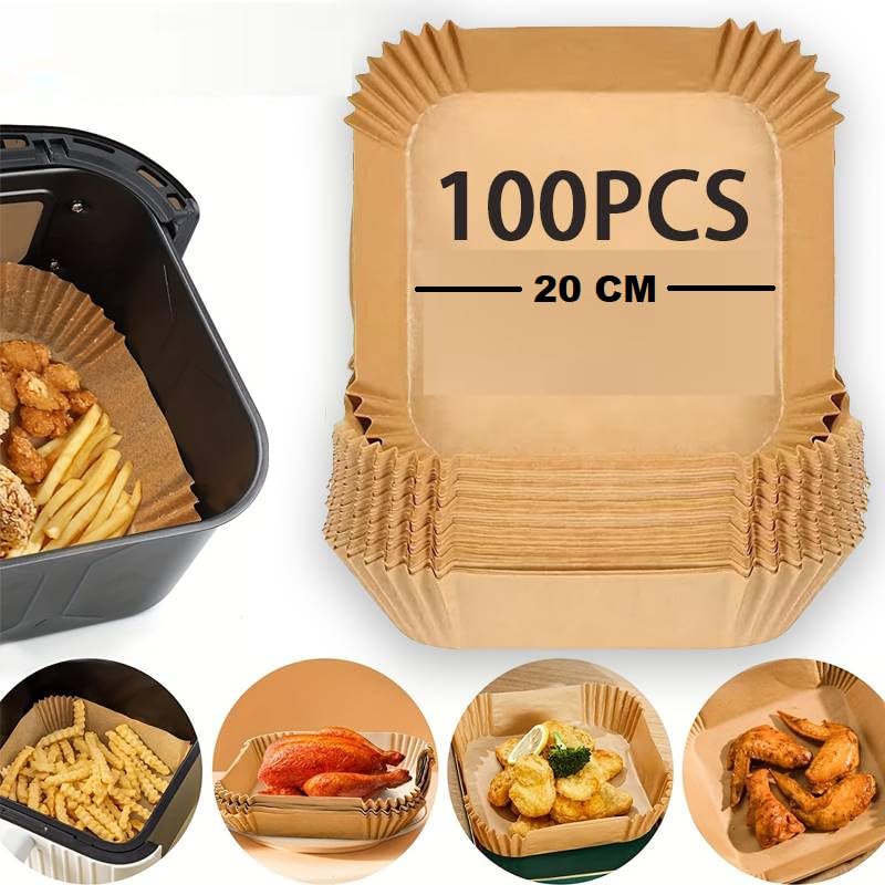 Papel para Freidora de Aire, papel de Horno, papel antiadherente para freidora de aire, Libre de BPA, 100 unidades (Cuadrado, 24 cm)