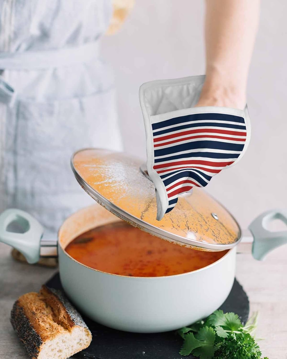 5 Pack Pot Holder with Pocket, Dark Blue Red Stripe Kitchen Potholders Heat Proof Non Slip Pot Holders Sets, Hot Pads Potholder for Cooking Baking BBQ