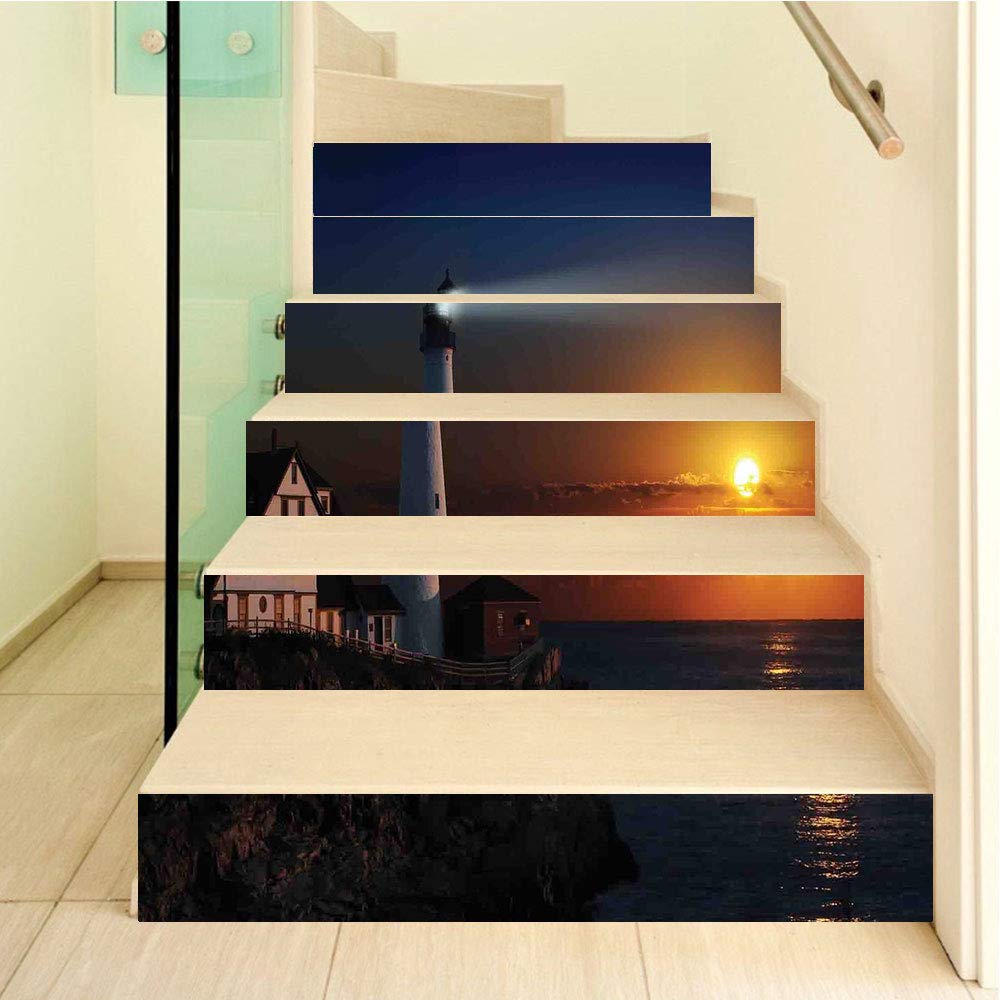 Lighthouse Decor 3D Stair Stickers Decals-6Pcs/Set,Portland House at Dawn Rocks Houses Fences Lamp Image Navigation Stair Risers Stickers Removable Staircase Decals Mural Wallpaper for Home Decor