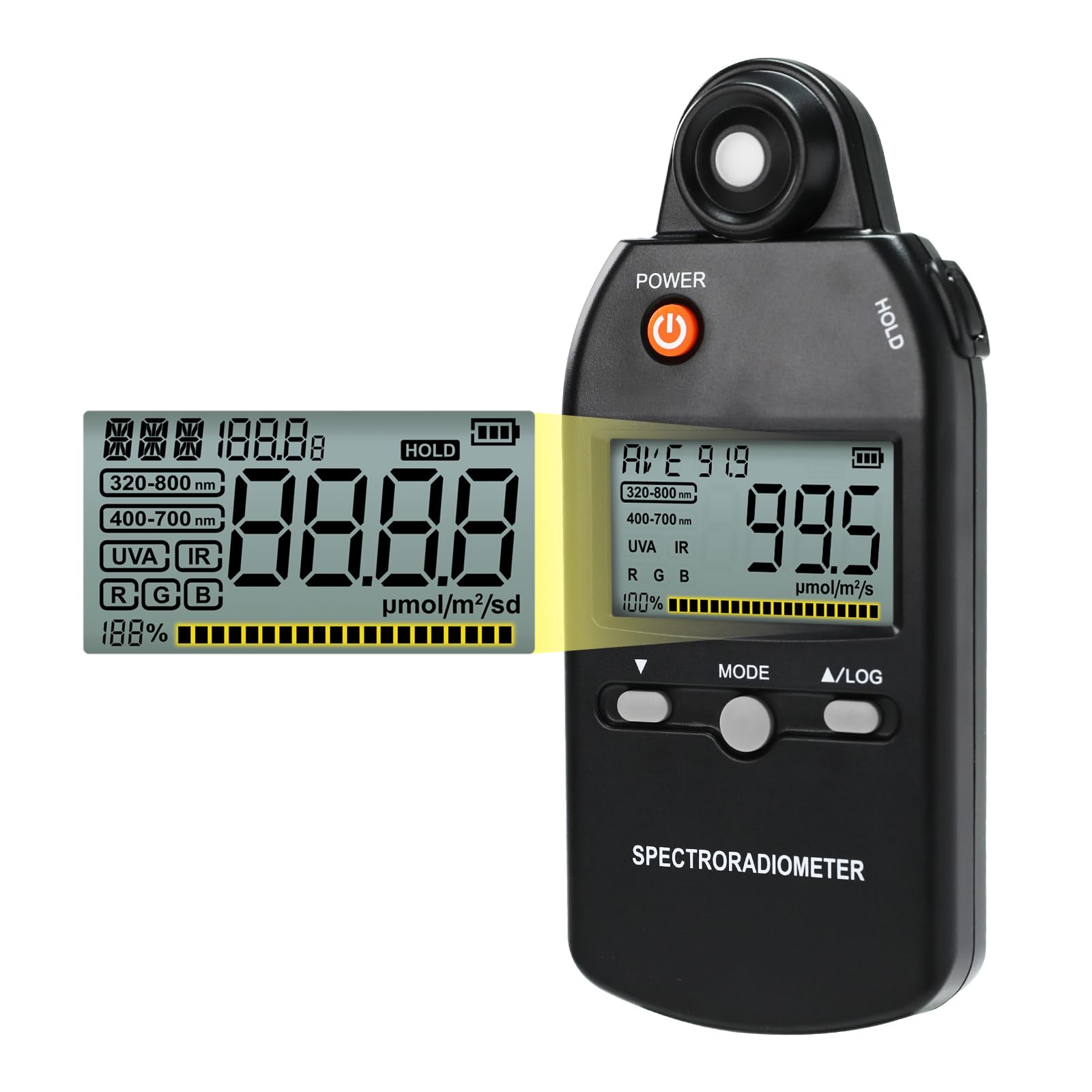 PAR Mètre 320-800 nm, Mesure PPFD Capteur de Lumière pour Plantes Mesurant PPFD, UVA et IR Pour LED de Croissance Affichage RGB, Mémoire de Données, Modes HOLD/MAX/MIN/AVG
