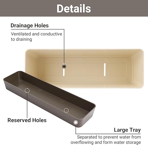 Miniatura 4 de Macetero para alféizar de ventana, 1 paquete de 12 x 3.8 pulgadas rectangular de hierbas con bandeja, moderna maceta de plástico para suculentas de