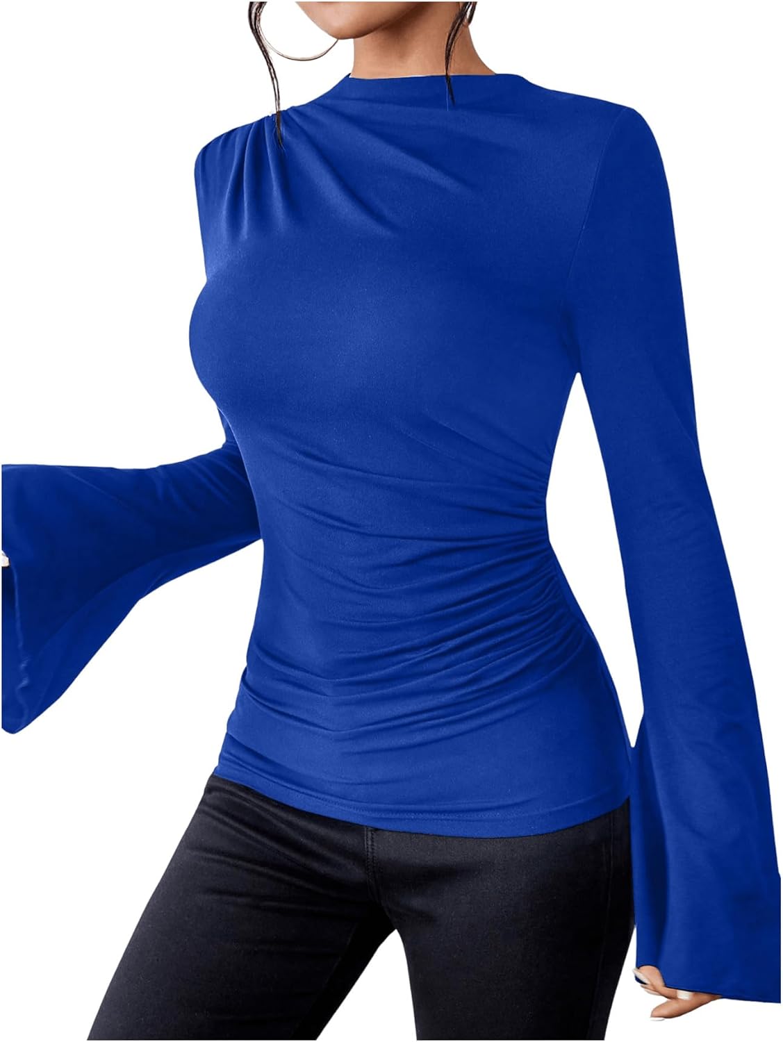 SweatyRocks Women's Ruched Mock Neck Long Ruffle Sleeve Slim Fitted Tops Solid Basic Tee Shirts - Image 3