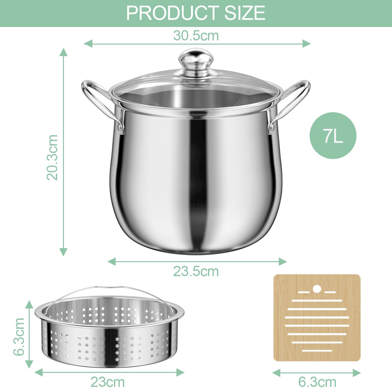 Pentola in Acciaio Inox 23,5 cm, Pentola per Pasta 7 Litri con Colino e Presina, Stockpot Capiente con Coperchio in Vetro, per Tutti i Piani Cottura, Adatta Alla Lavastoviglie