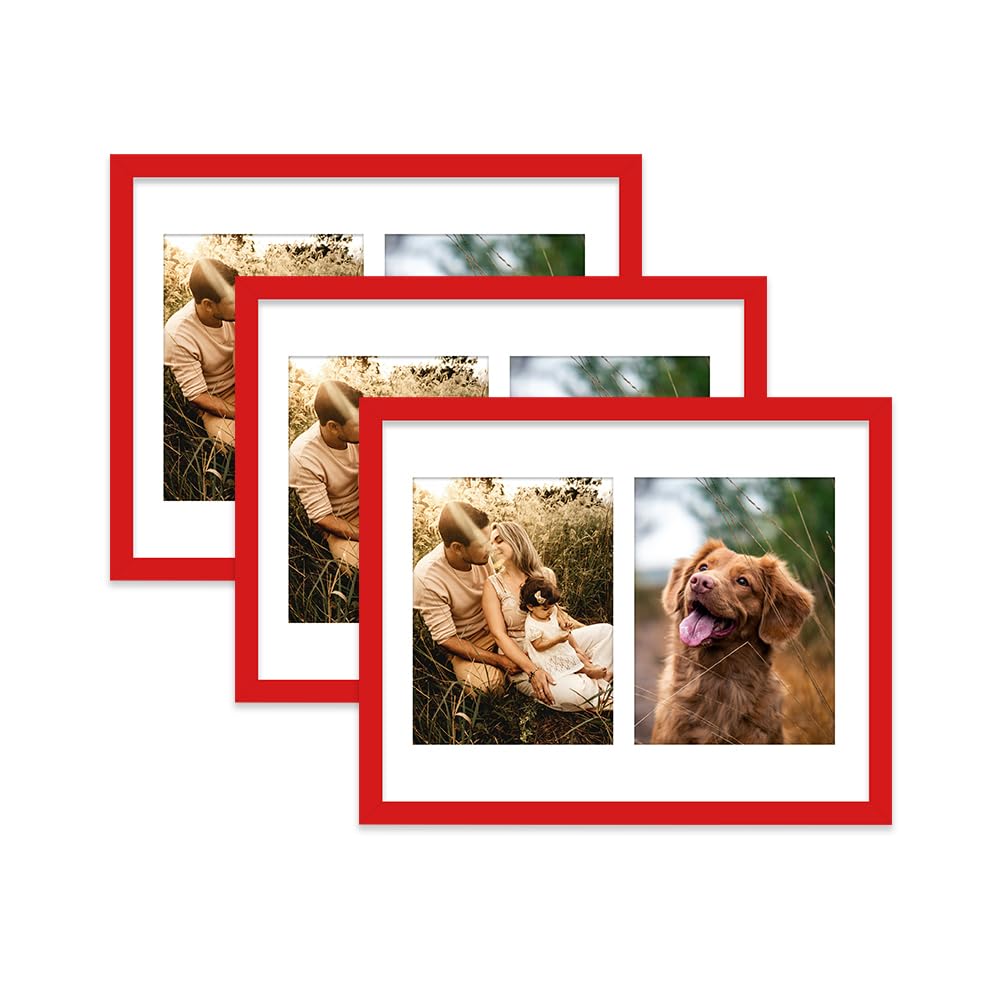 Red Multi Photo Frame - Holds 2 x 8x6 Pictures, Family Collage Picture Frame for Wall Display, 14x11 Frame size, Set of 3