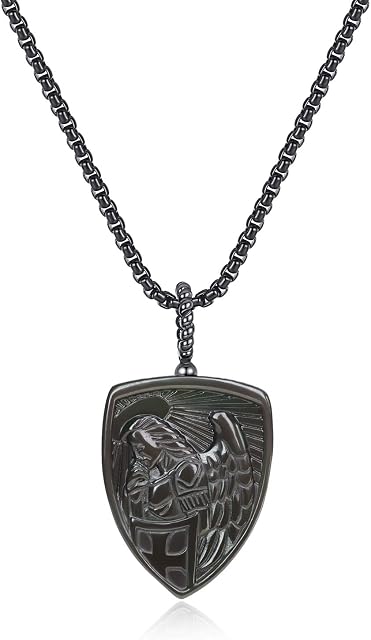 COAI Religious Jewelry St Michael Obsidian Stone Pendant Necklace