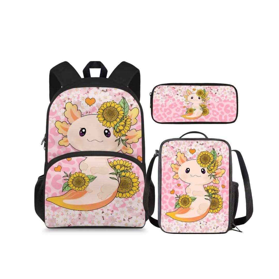 KuiaobatyPink Axolotl 15 Inches Girls Book Bag and Lunch Box Kawaii Backpack and Pencil Box for Daycare Thicken School Bag with Lunch Bag for Kids School Supplies Gift for Birthday
