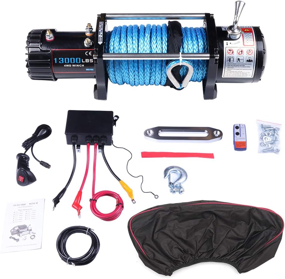 Electric Winch 12V 13000 lbs Recovery Winch Trailer Boat Truck SUV ATV Synthetic Rope with Wireless Remote Control and Winch Cover