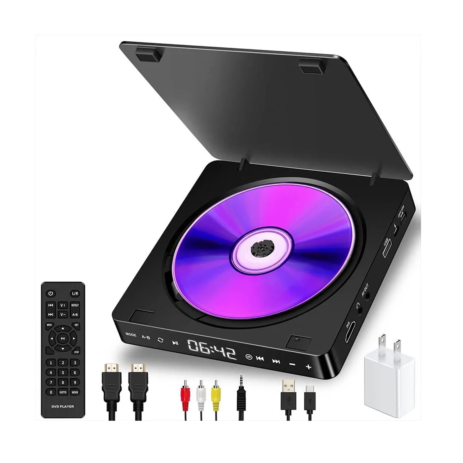 Mini Lettore Dvd, Lettori CD Personali, Lettori Dvd CD/Dischi compatti HD 1080P con Ingresso USB, Telecomando e Cavo AV, Anti-Salto/Antiurto, per Auto e Viaggi