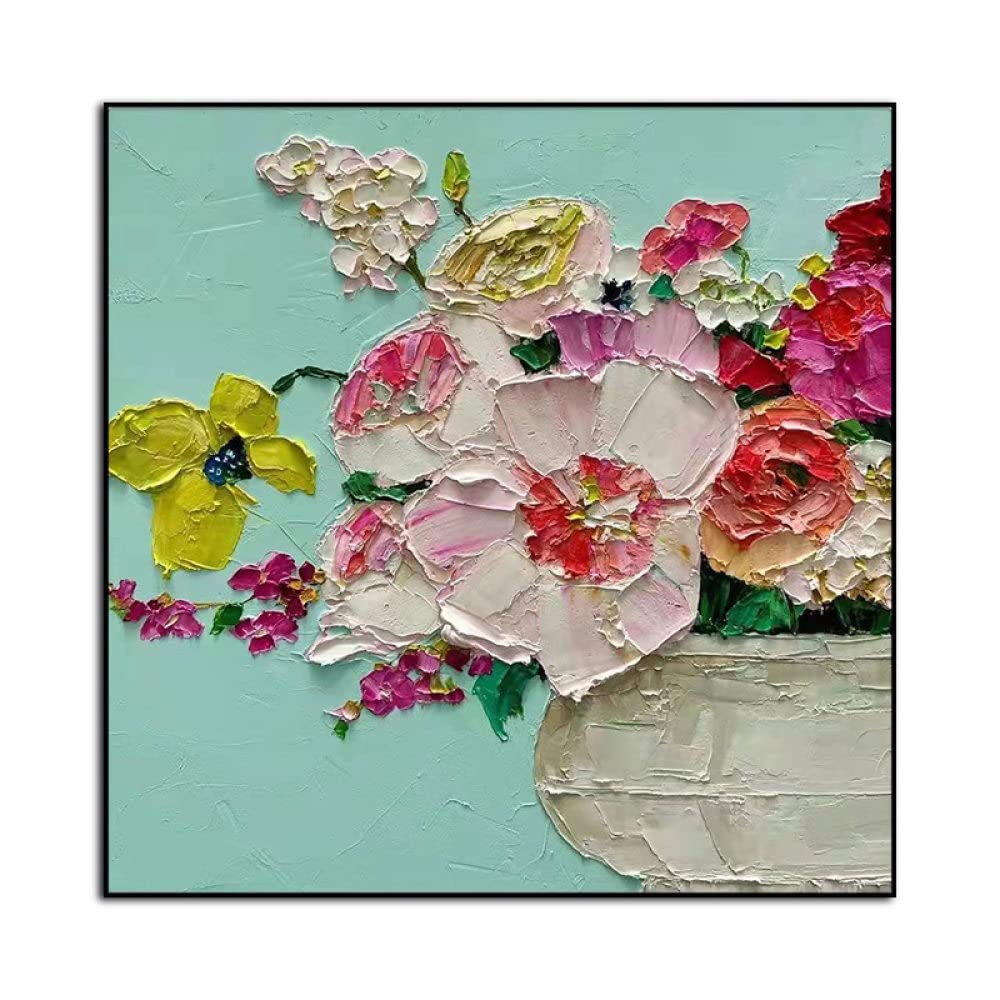 Réveillez un mur blanc vide avec ce grand tableau floral 3D peint à la main texture acrylique