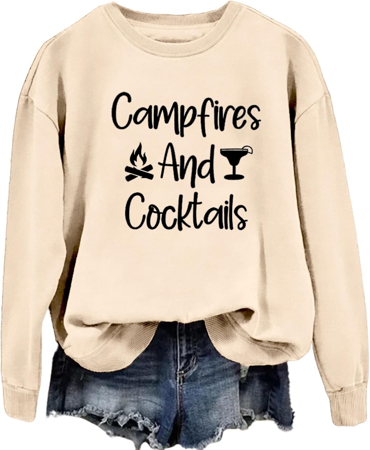 Campfires and Cocktails Sweatshirt Womens Funny Camping Group Graphic Shirt Long Sleeve Hiking Outdoor Pullover